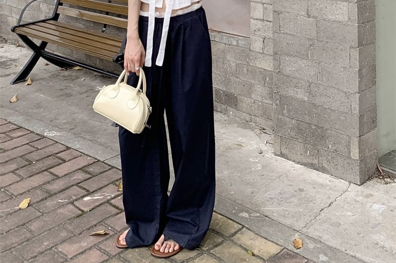 Tie-Neck Crop Tee and Drawstring Wide-Leg Pants Set
