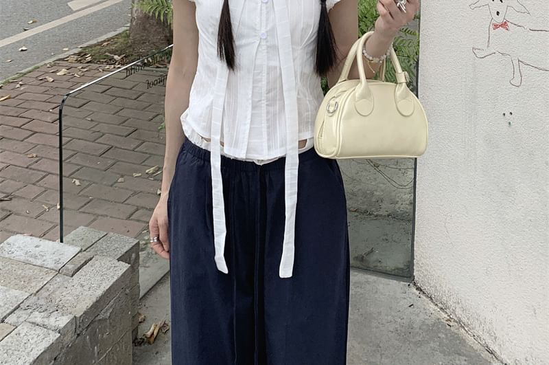 Tie-Neck Crop Tee and Drawstring Wide-Leg Pants Set