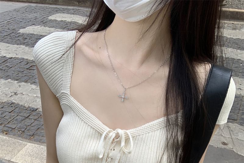 Cap Sleeve Lace-Up Ribbed V-Neck Knit Top