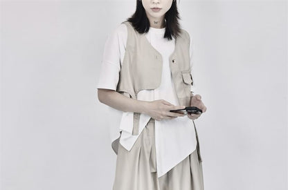 Asymmetric Plain Midi A-Line Skirt High-Waisted