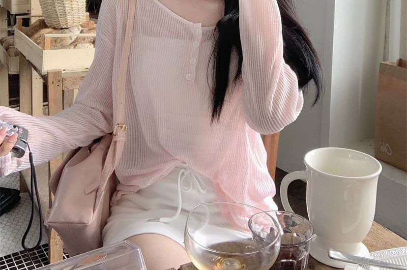 Tie-Back Henley Shirt with Long Sleeves