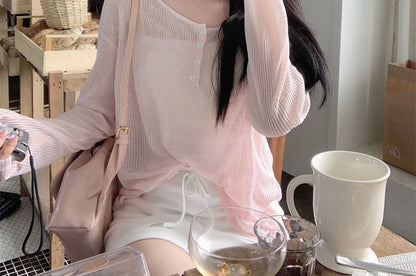 Tie-Back Henley Shirt with Long Sleeves
