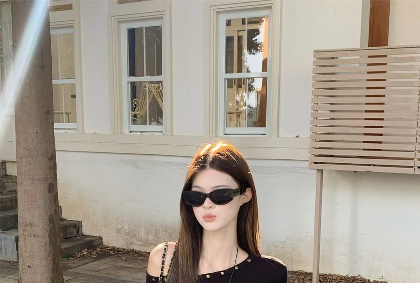One-Shoulder Long-Sleeve Top with Stud Details