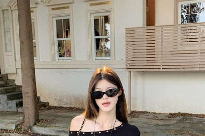 One-Shoulder Long-Sleeve Top with Stud Details