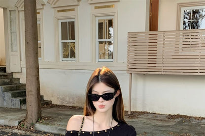 One-Shoulder Long-Sleeve Top with Stud Details