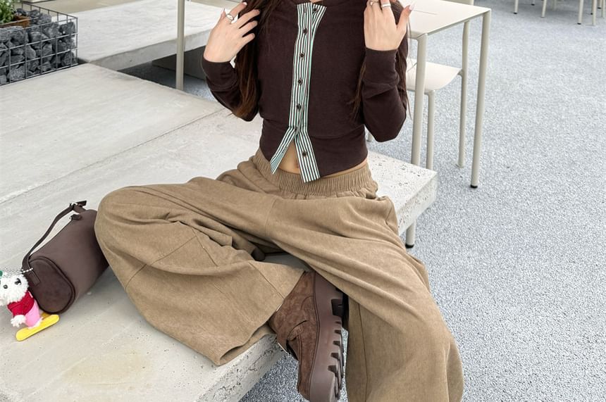 V-Neck Long Sleeve Buttoned Striped Shirt