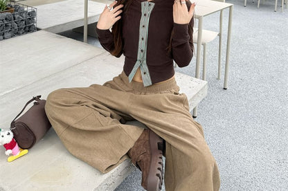 V-Neck Long Sleeve Buttoned Striped Shirt