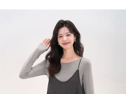 Round Neck Long-Sleeve Top & Flowy Camisole