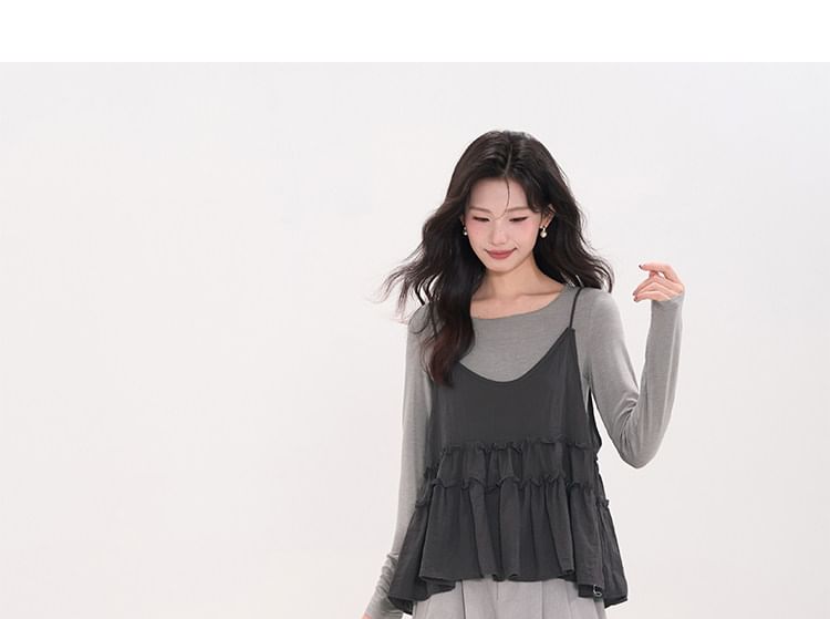 Round Neck Long-Sleeve Top & Flowy Camisole