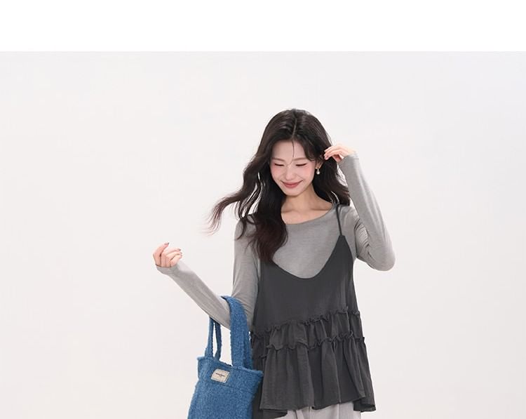 Round Neck Long-Sleeve Top & Flowy Camisole