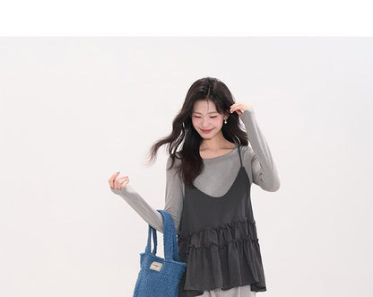 Round Neck Long-Sleeve Top & Flowy Camisole