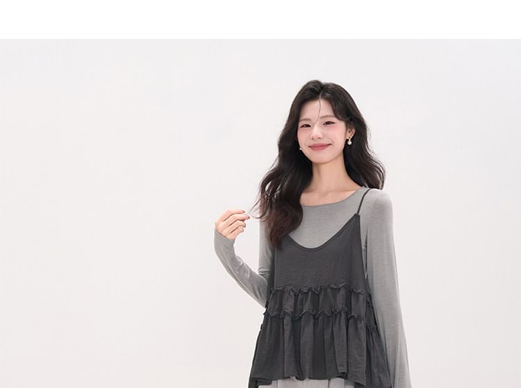 Round Neck Long-Sleeve Top & Flowy Camisole