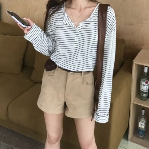 Striped Henley Tee & High-Waist Shorts Set