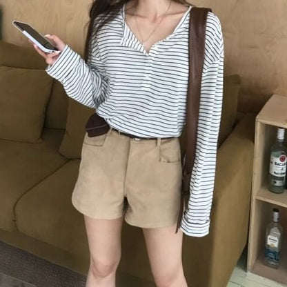 Striped Henley Tee & High-Waist Shorts Set