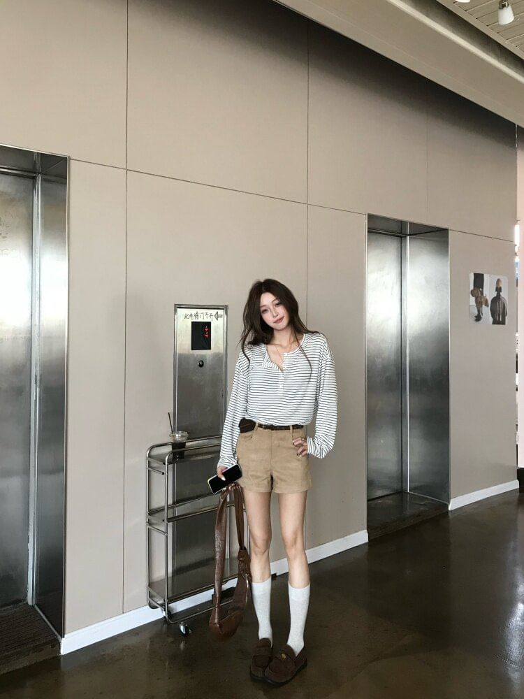 Striped Henley Tee & High-Waist Shorts Set
