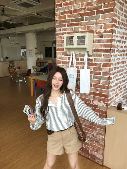 Striped Henley Tee & High-Waist Shorts Set