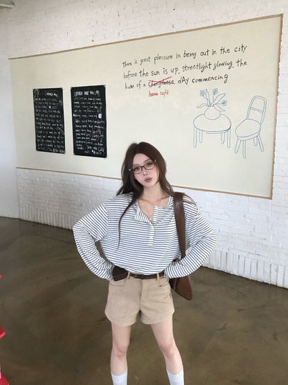 Striped Henley Tee & High-Waist Shorts Set