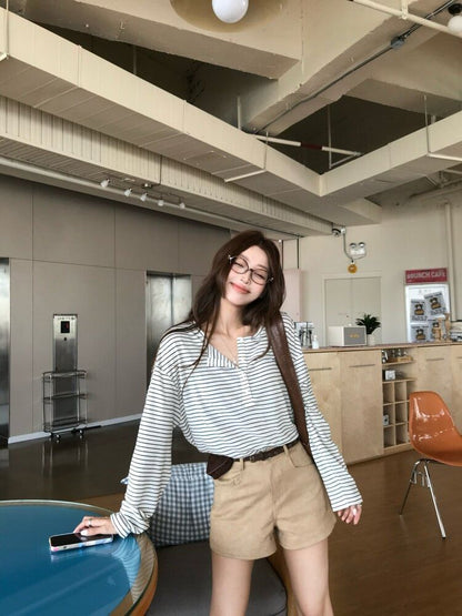 Striped Henley Tee & High-Waist Shorts Set