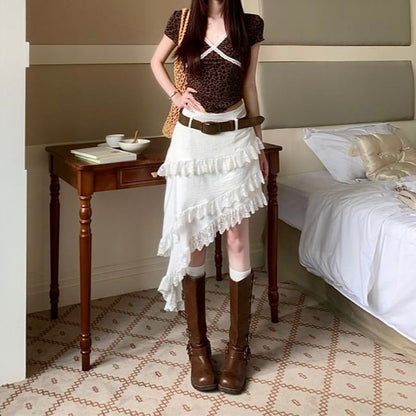 Asymmetric Lace Panel A-Line Skirt with Mid Rise