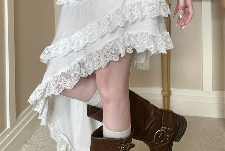 Asymmetric Lace Panel A-Line Skirt with Mid Rise