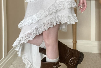 Asymmetric Lace Panel A-Line Skirt with Mid Rise