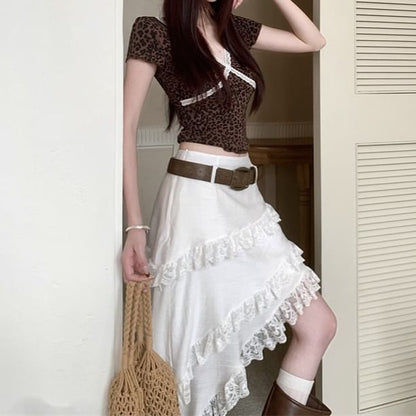 Asymmetric Lace Panel A-Line Skirt with Mid Rise