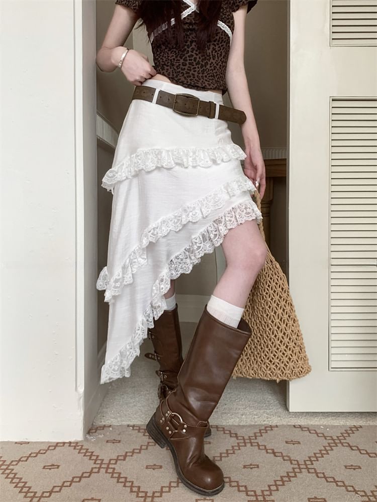 Asymmetric Lace Panel A-Line Skirt with Mid Rise