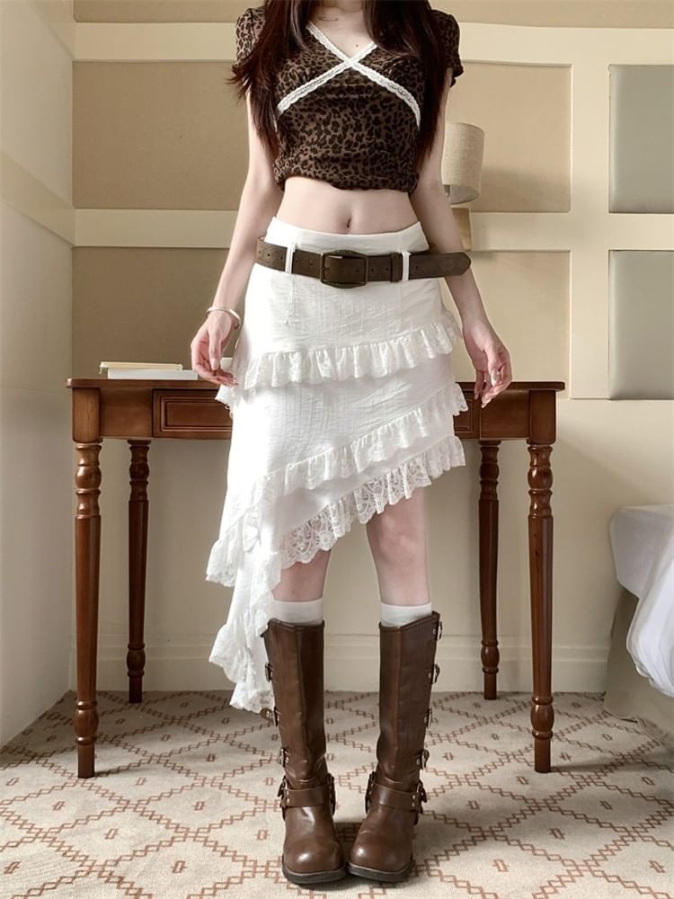 Asymmetric Lace Panel A-Line Skirt with Mid Rise