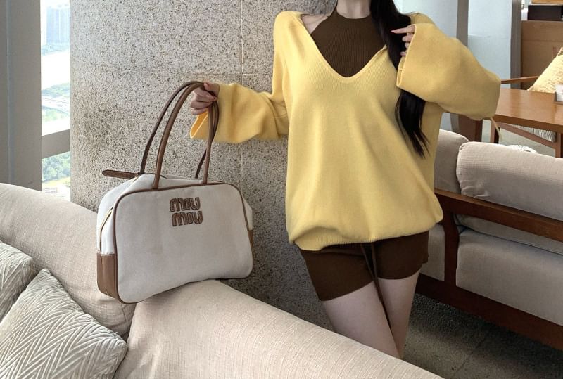 V-Neck Knit Top, Halter Top & Shorts Combo