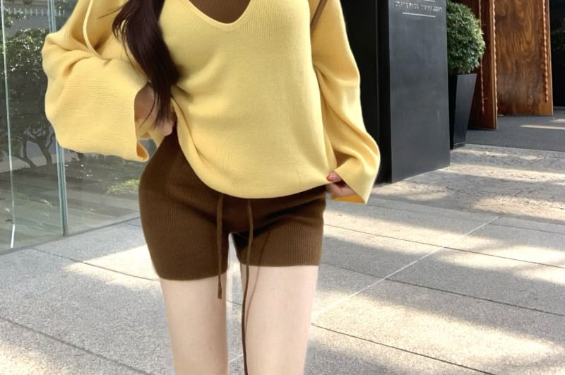 V-Neck Knit Top, Halter Top & Shorts Combo
