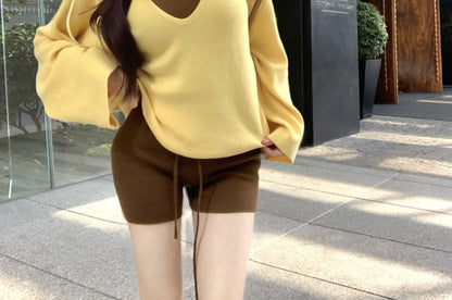 V-Neck Knit Top, Halter Top & Shorts Combo