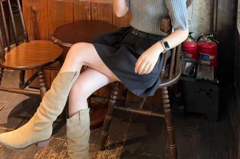 Mock Neck Ribbed Knit Top & Pleated Mini Skirt Set
