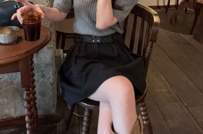 Mock Neck Ribbed Knit Top & Pleated Mini Skirt Set