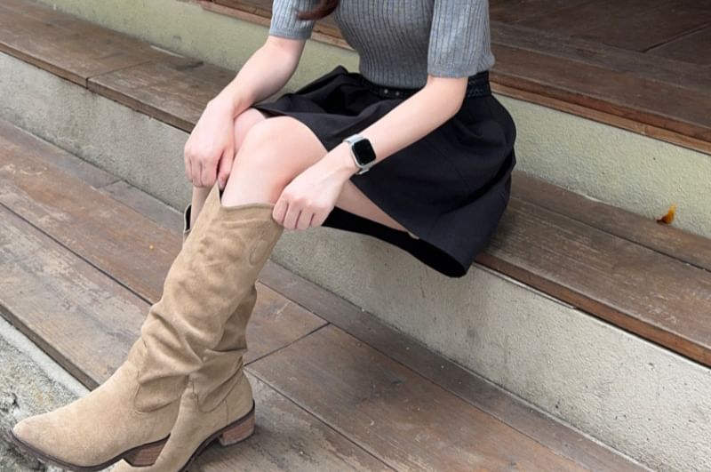 Mock Neck Ribbed Knit Top & Pleated Mini Skirt Set
