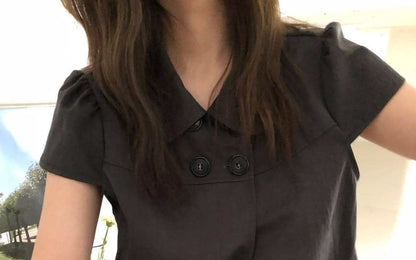 Peter Pan Collar Double-Breasted Blouse with Short Sleeves