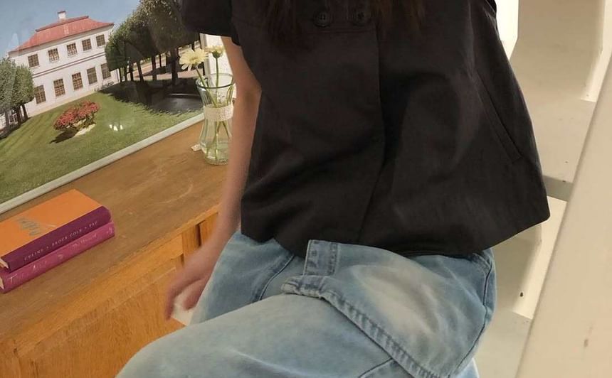 Peter Pan Collar Double-Breasted Blouse with Short Sleeves