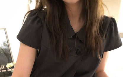 Peter Pan Collar Double-Breasted Blouse with Short Sleeves