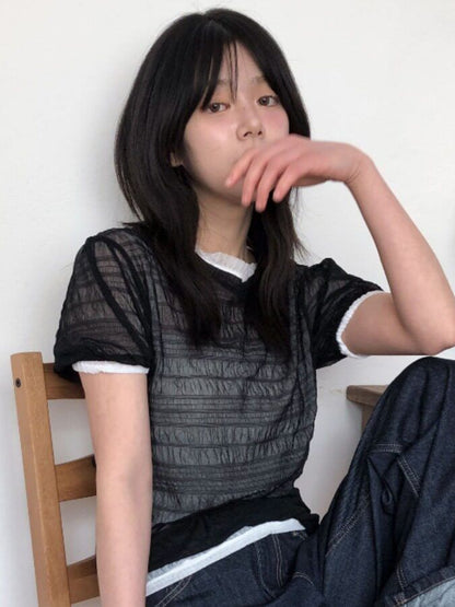 Crew Neck Mesh Top with Short Sleeves