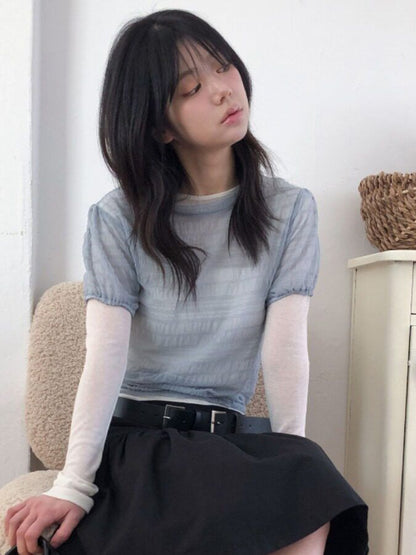 Crew Neck Mesh Top with Short Sleeves