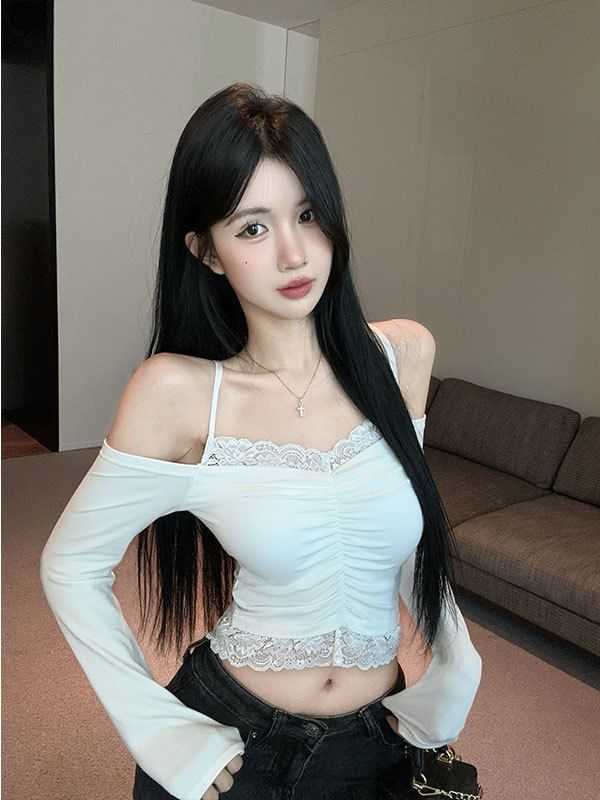 Long-Sleeve Cold Shoulder Lace Trim Crop Top