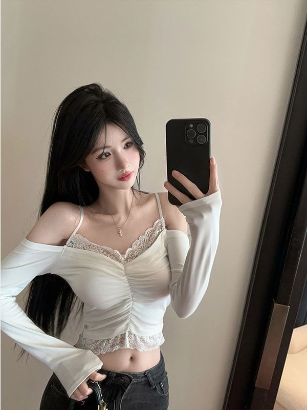 Long-Sleeve Cold Shoulder Lace Trim Crop Top