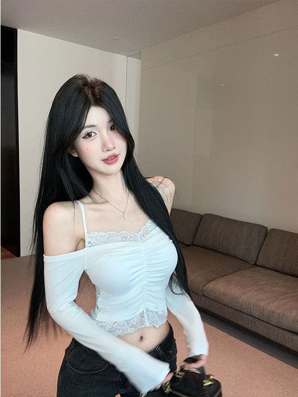 Long-Sleeve Cold Shoulder Lace Trim Crop Top