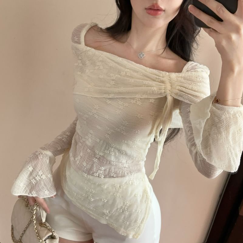Long-Sleeve Square Neck Lace Asymmetrical Crop Top