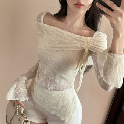 Long-Sleeve Square Neck Lace Asymmetrical Crop Top