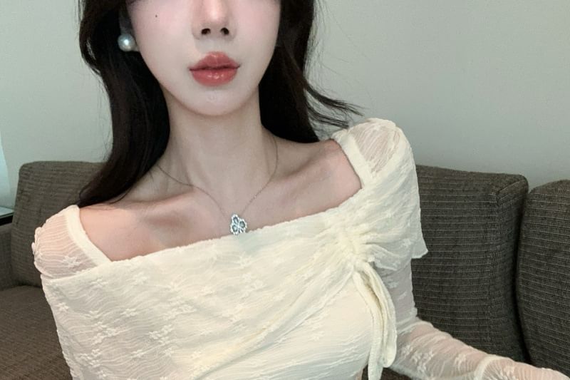 Long-Sleeve Square Neck Lace Asymmetrical Crop Top