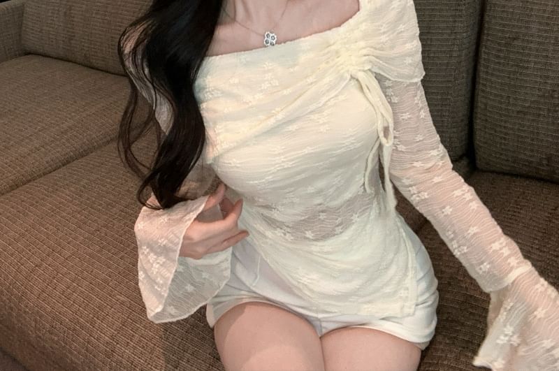 Long-Sleeve Square Neck Lace Asymmetrical Crop Top