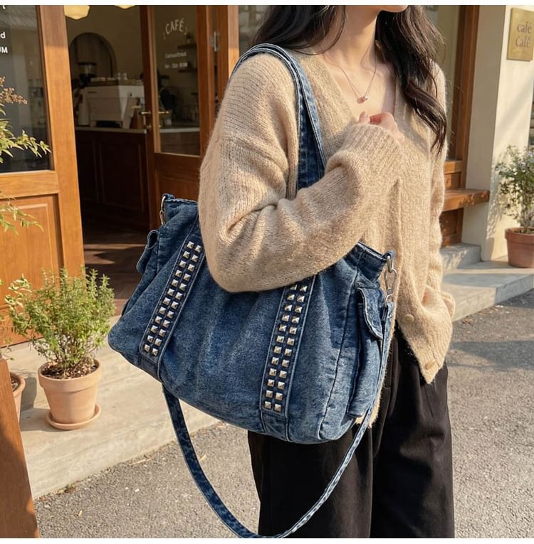 Studded Flap Pocket Washed Denim Crossbody Tote Bag