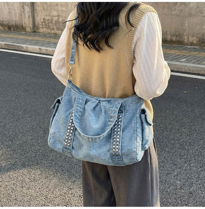 Studded Flap Pocket Washed Denim Crossbody Tote Bag