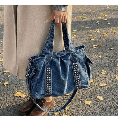 Studded Flap Pocket Washed Denim Crossbody Tote Bag