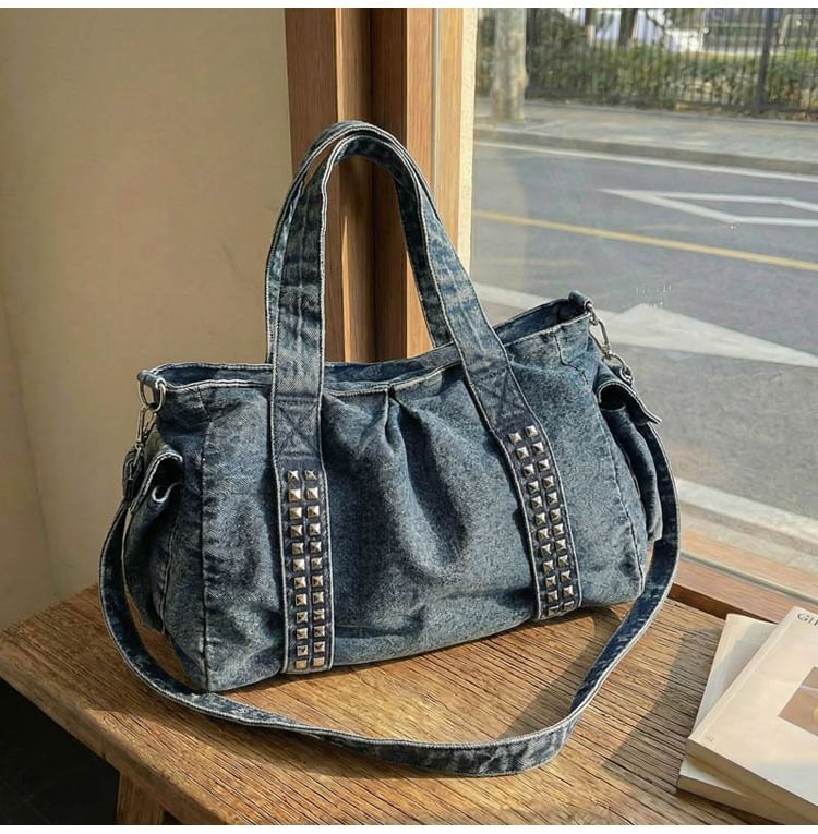 Studded Flap Pocket Washed Denim Crossbody Tote Bag
